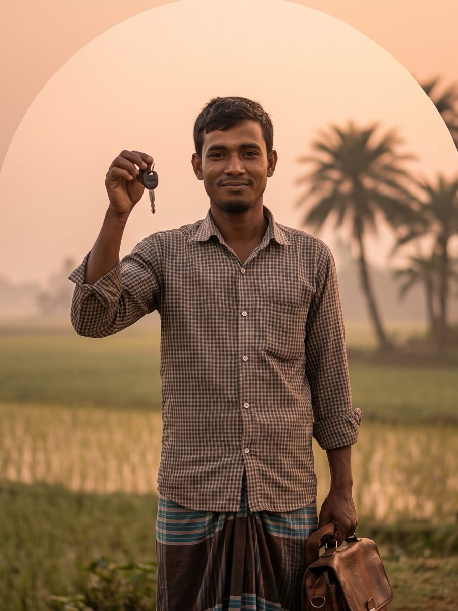 ভোরে রাস্তার পাশে নতুন গাড়ির চাবি হাতে একজন তরুণ চালক